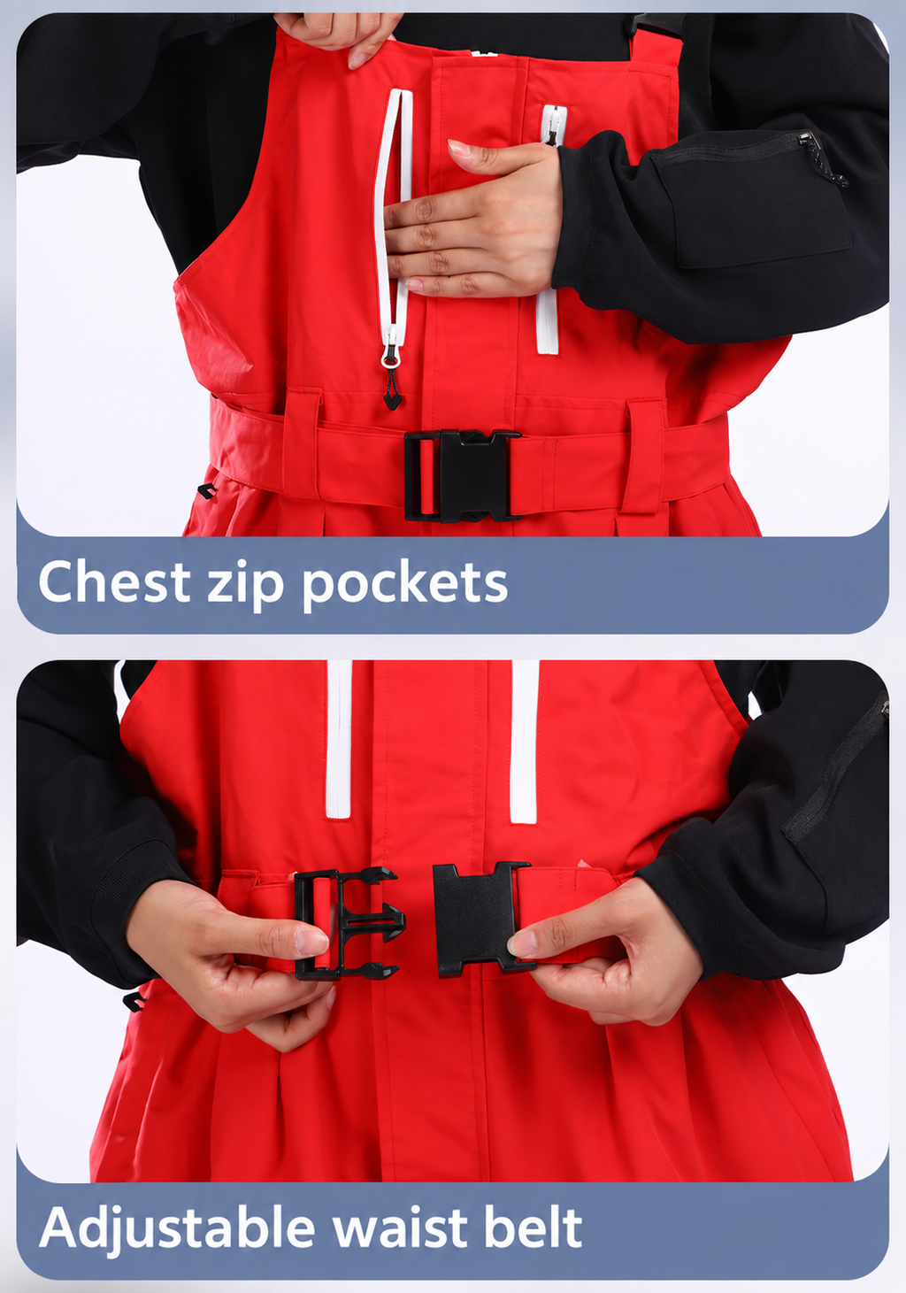 Switchback Zip-Off Snow Bibs — Chest storage & waist fit