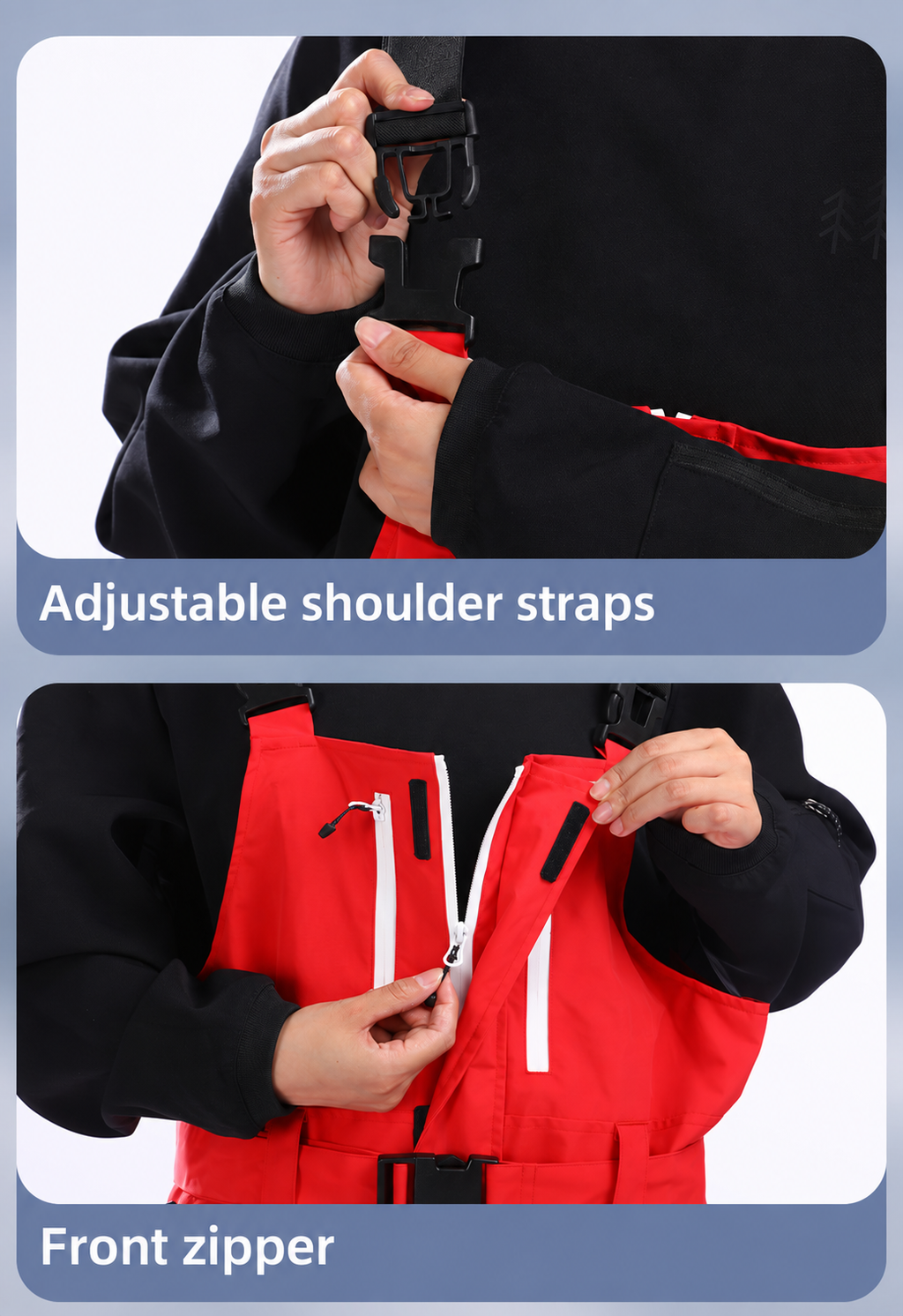 Switchback Zip-Off Snow Bibs — Straps & front opening