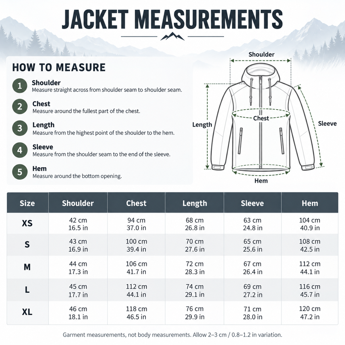 Timber Insulated Snow Jacket — Jacket measurements