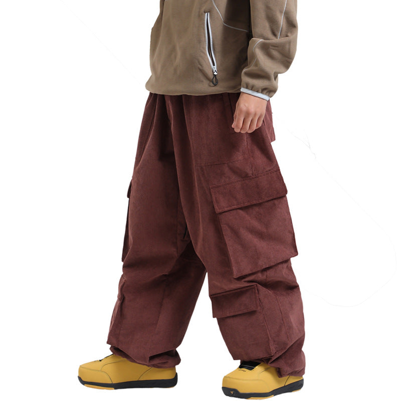 Timber Multi-Pocket Corduroy Snow Pants in Burgundy, front product view