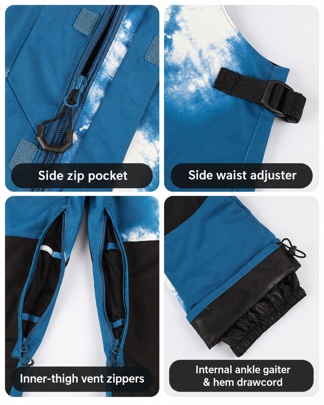 Trail Wide-Leg Snow Bib — pockets, ventilation and hem details