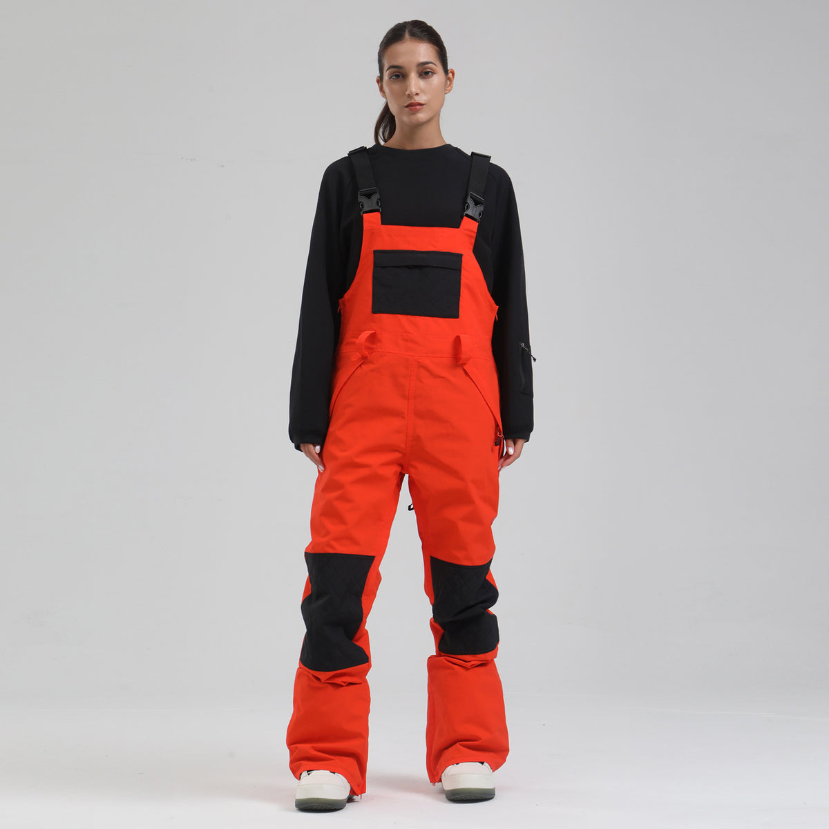 Traverse Reinforced Snow Bibs — Orange Red Black front color image
