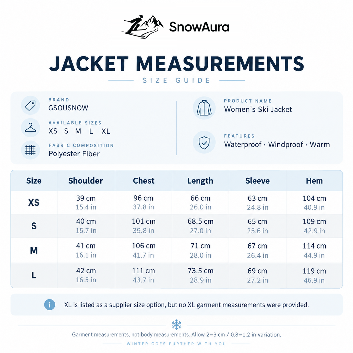 Tundra Insulated Snow Jacket — Jacket measurements