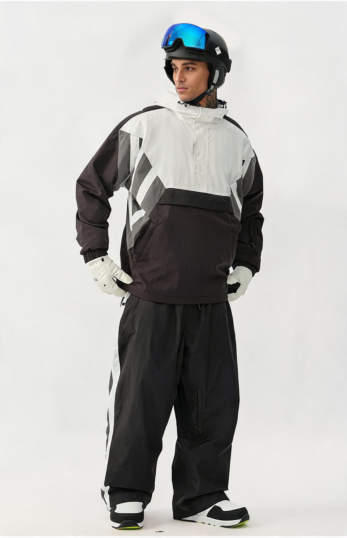 Vector Colorblock Pullover Snow Set in Black / White / Gray, male model full-length studio front view