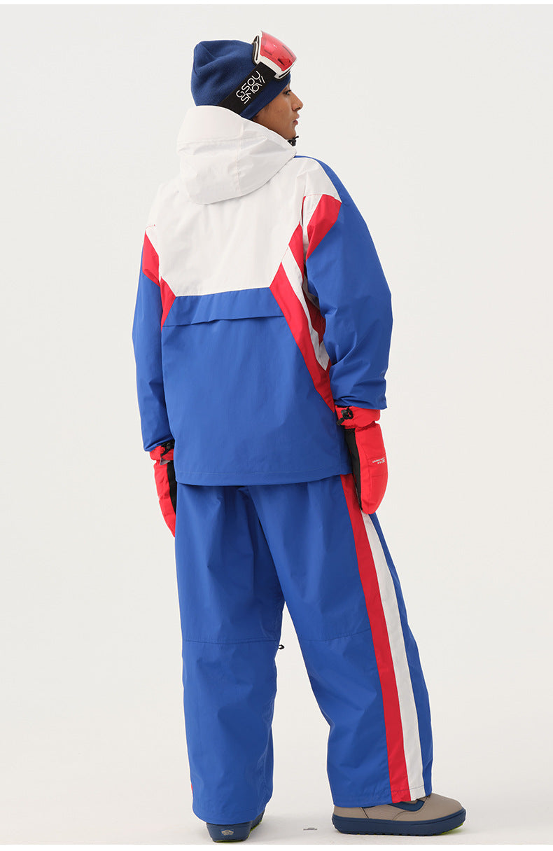 Vector Colorblock Pullover Snow Set in Blue / White / Red, male model studio rear three-quarter view