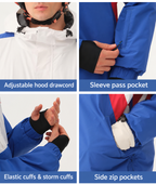 Vector Colorblock Pullover Snow Set English close-ups of hood drawcord, sleeve pass pocket, cuffs and jacket zip pockets