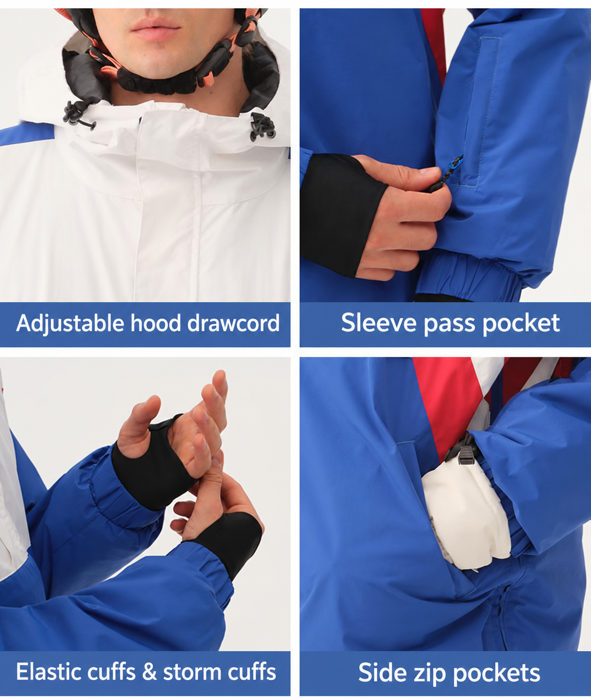 Vector Colorblock Pullover Snow Set English close-ups of hood drawcord, sleeve pass pocket, cuffs and jacket zip pockets