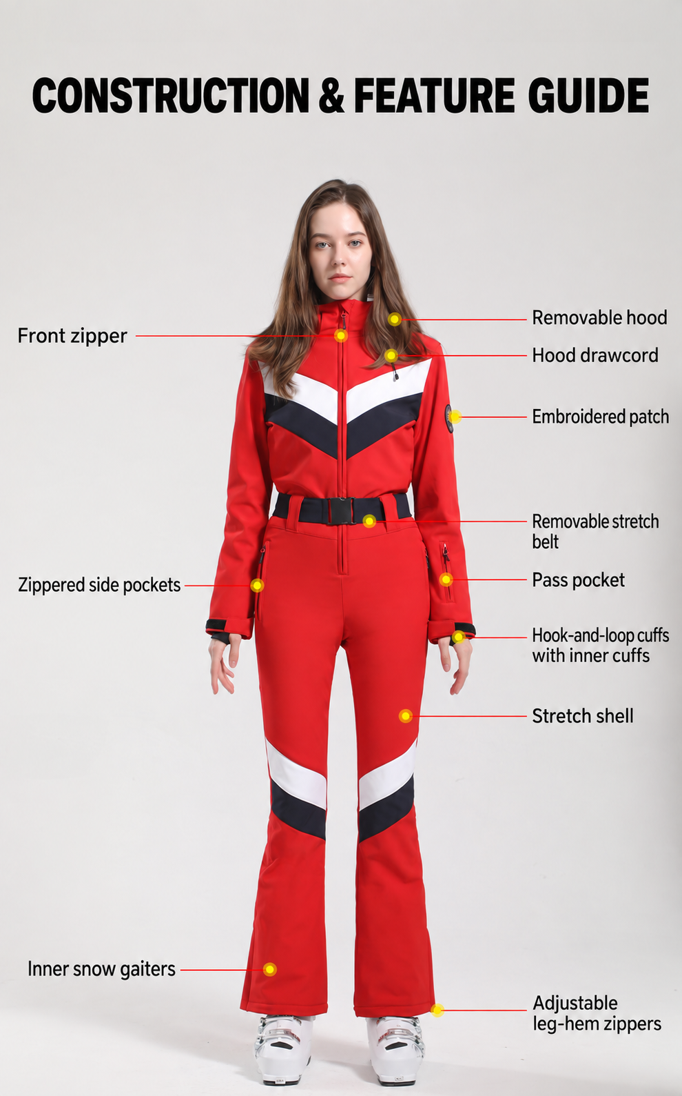 Velocity Chevron Belted One-Piece Ski Suit — Construction overview