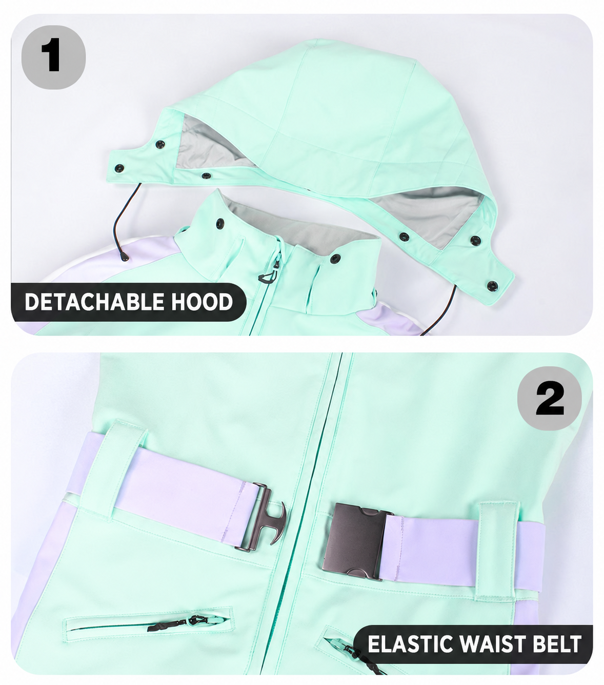 Velocity Stripe Belted One-Piece Ski Suit — hood waist guide