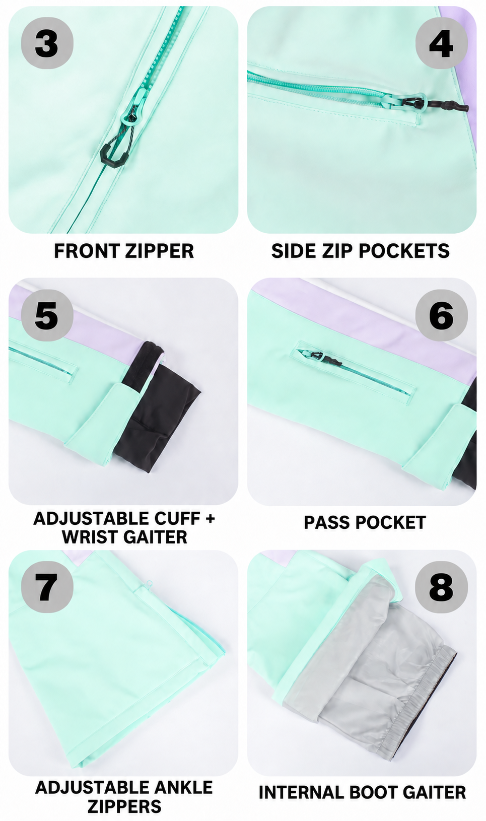Velocity Stripe Belted One-Piece Ski Suit — zip pocket cuff guide