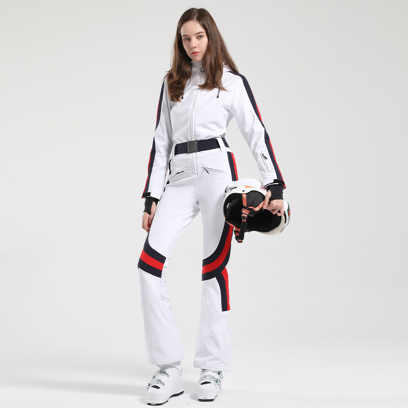 Velocity Stripe Belted One-Piece Ski Suit — White front colour image
